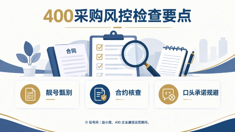 400采购风控检查要点插画，包含靓号甄别、合约核查、口头承诺规避清单