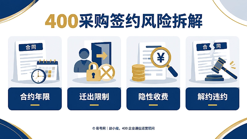 400电话采购签约风险拆解信息图，展示合约年限、迁出限制、隐性收费和解约违约
