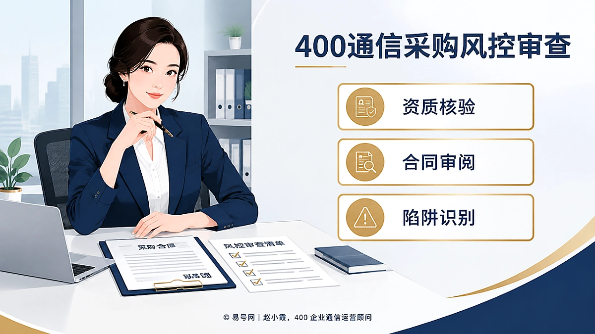 企业通信采购顾问在办公桌前审阅400电话采购合同与风控清单的商务插画