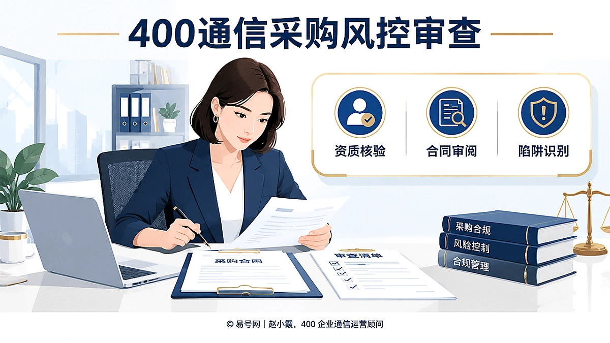 赵小霞在办公桌前审阅400电话采购合同与审查清单，聚焦资质核验、合同审阅和陷阱识别。