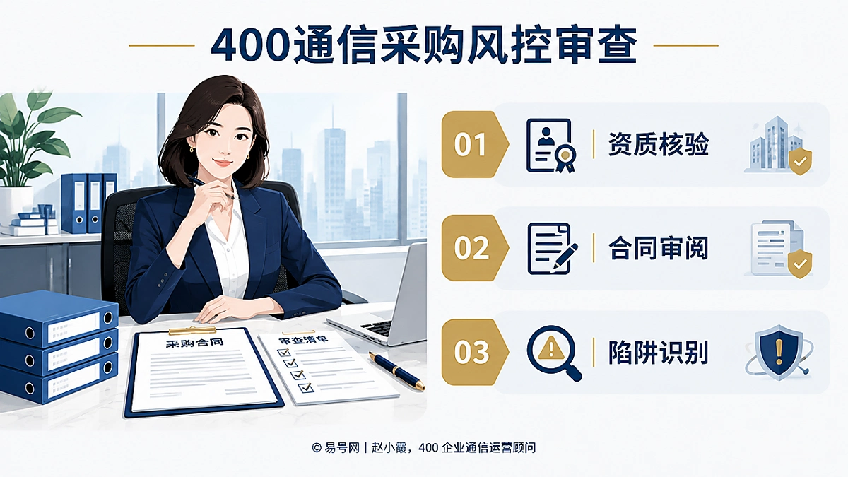 赵小霞在办公场景中进行400通信采购风控审查，左侧人物，右侧资质核验、合同审阅、陷阱识别卡片