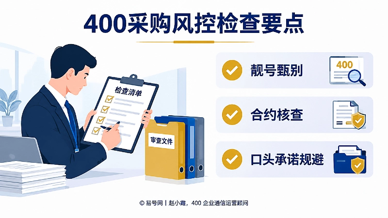 采购人员依据检查清单核对400电话采购风控要点，关注靓号甄别、合约核查、口头承诺规避。