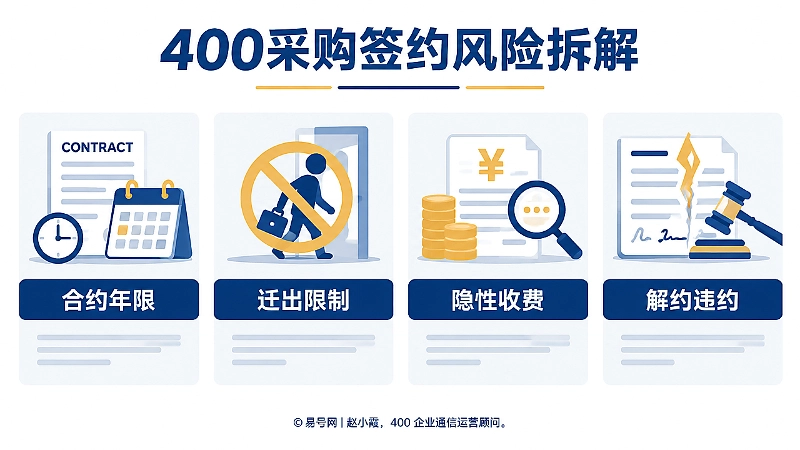 400采购签约风险拆解信息图，展示合约年限、迁出限制、隐性收费与解约违约四类风险