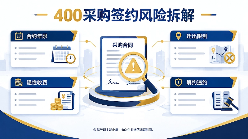 400电话采购签约风险信息图，拆解合约年限、迁出限制、隐性收费、解约违约四类风险