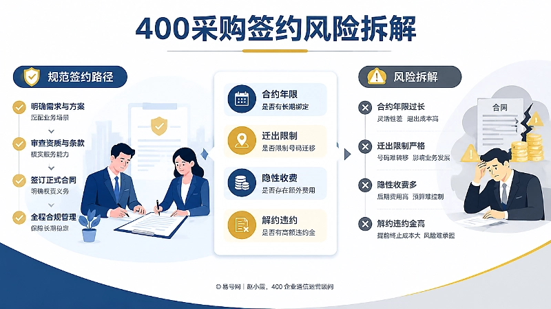 400采购签约风险拆解信息图，对比规范路径与合约年限、迁出限制、隐性收费、解约违约等风险。