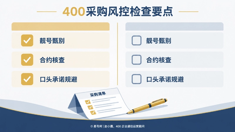 400电话采购风控检查要点对比式插画，左右两栏对照靓号甄别、合约核查、口头承诺规避三项待办事项