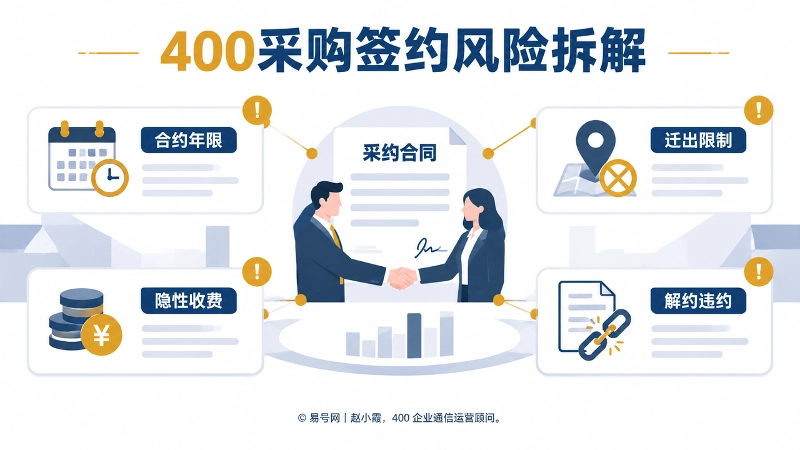 400电话采购签约风险信息图，展示合约年限、迁出限制、隐性收费与解约违约
