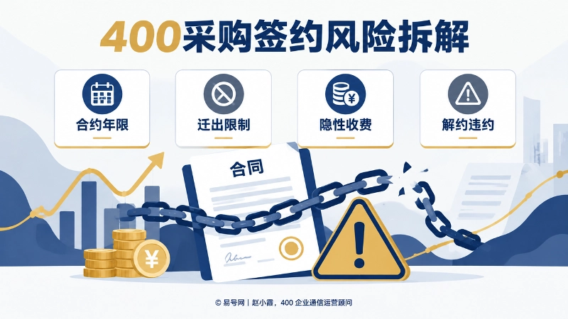 400电话采购签约风险信息图，展示合约年限、迁出限制、隐性收费、解约违约等风险点。