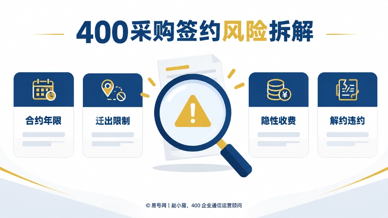 400电话采购签约风险信息图，聚焦合约年限、迁出限制、隐性收费、解约违约
