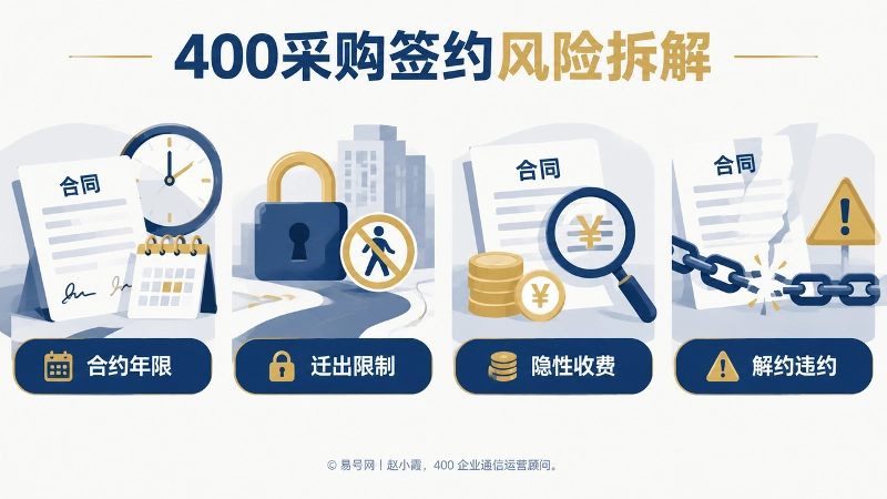 400采购签约风险拆解信息图，展示合约年限、迁出限制、隐性收费、解约违约四类风险。