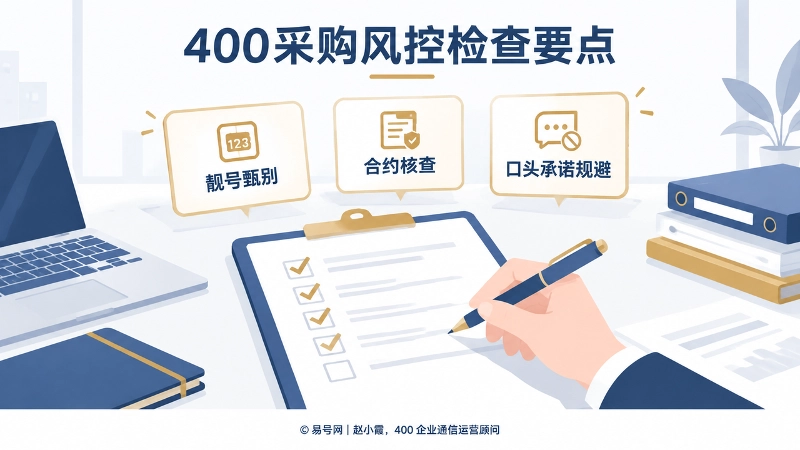 采购人员按风控检查清单逐项勾选，包含靓号甄别、合约核查、口头承诺规避