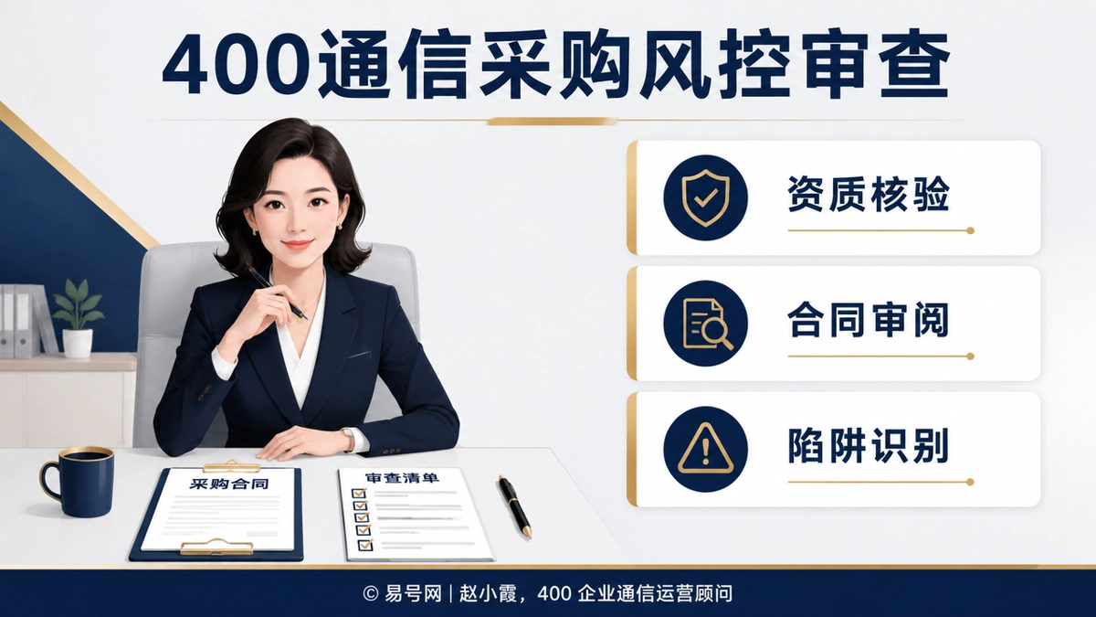 赵小霞在办公桌前审查400电话采购合同与资质清单，右侧卡片展示资质核验、合同审阅、陷阱识别。